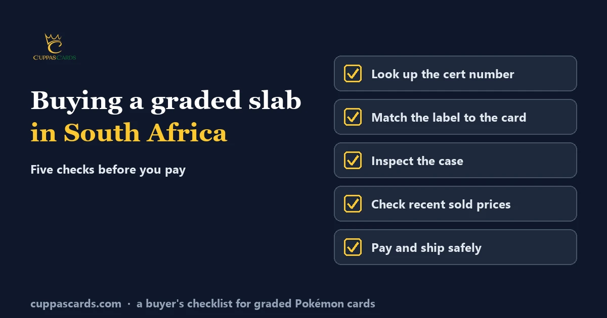 A five-step checklist for buying a graded slab: look up the cert number, match the label to the card, inspect the case, check recent sold prices, pay and ship safely