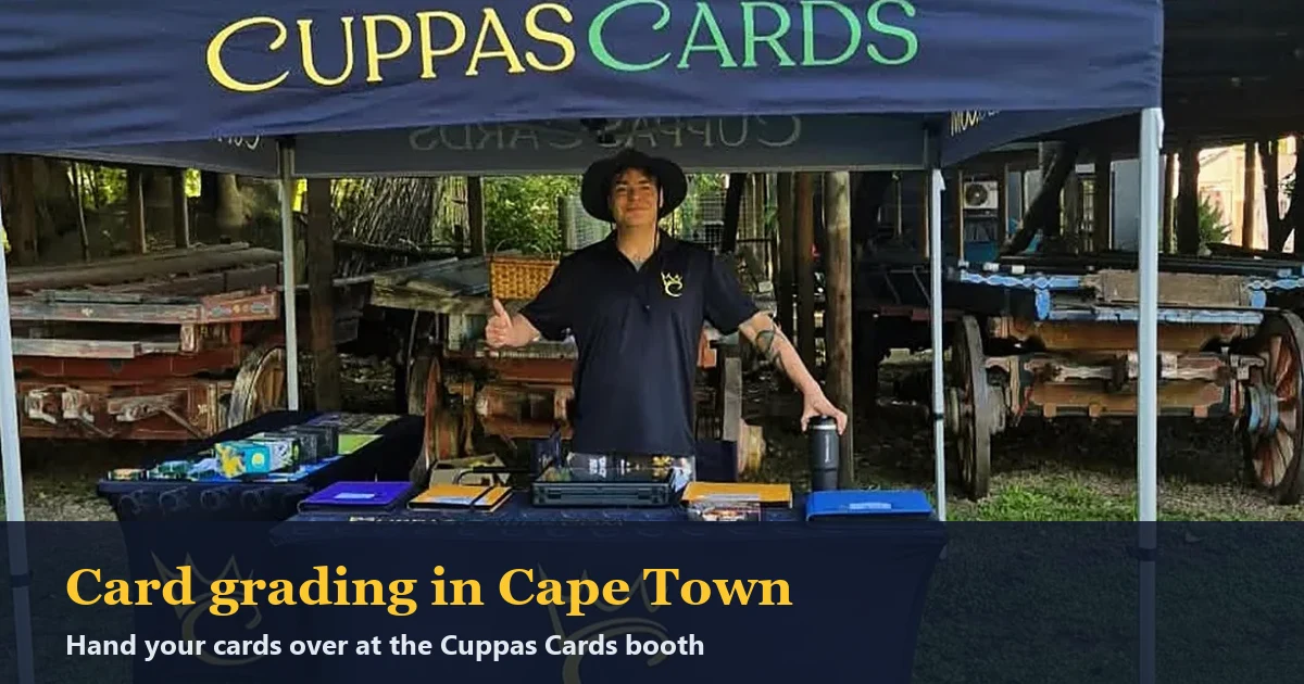 Mitchell Taljaard at the Cuppas Cards booth, with the text Card grading in Cape Town: hand your cards over at the Cuppas Cards booth