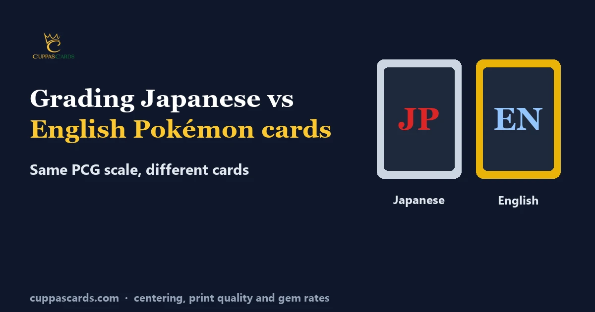 A Japanese and an English Pokémon card shown side by side under the title Grading Japanese vs English Pokémon cards