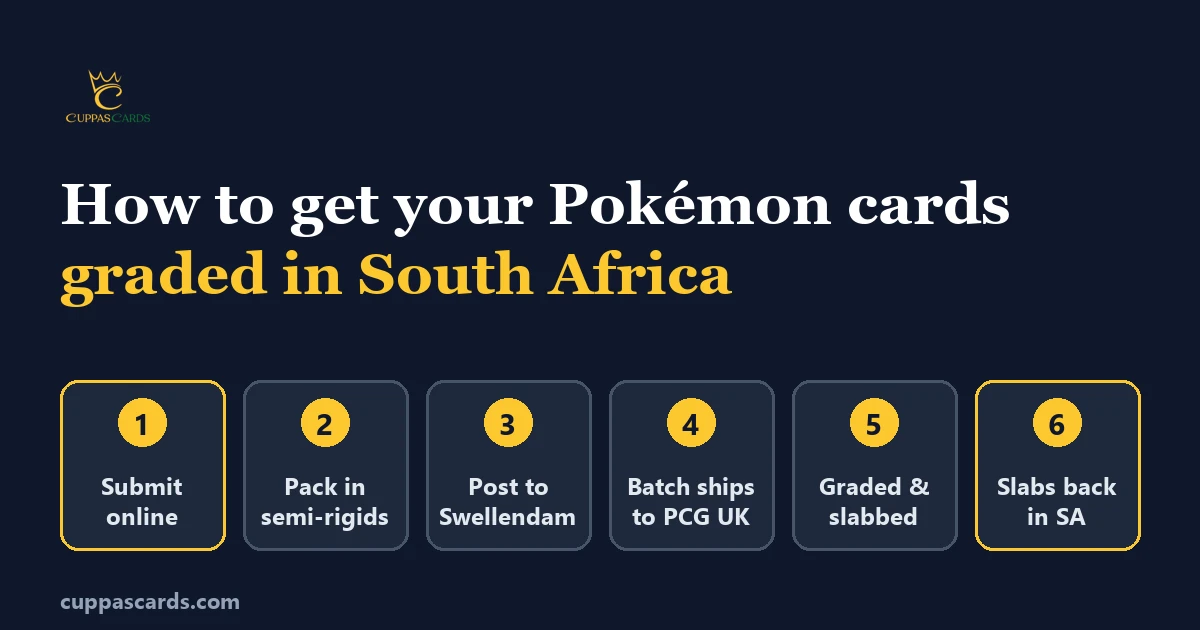 Six steps to grading Pokémon cards from South Africa: submit online, pack in semi-rigids, post to Swellendam, batch ships to PCG UK, graded and slabbed, slabs back in SA