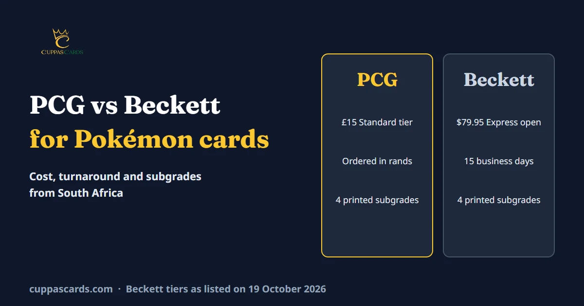 PCG vs Beckett for Pokémon cards compared on price, turnaround and subgrades printed on the label