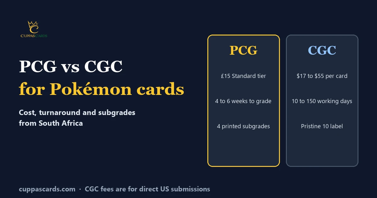 PCG vs CGC for Pokémon cards compared on price, turnaround, subgrades and top grade labels