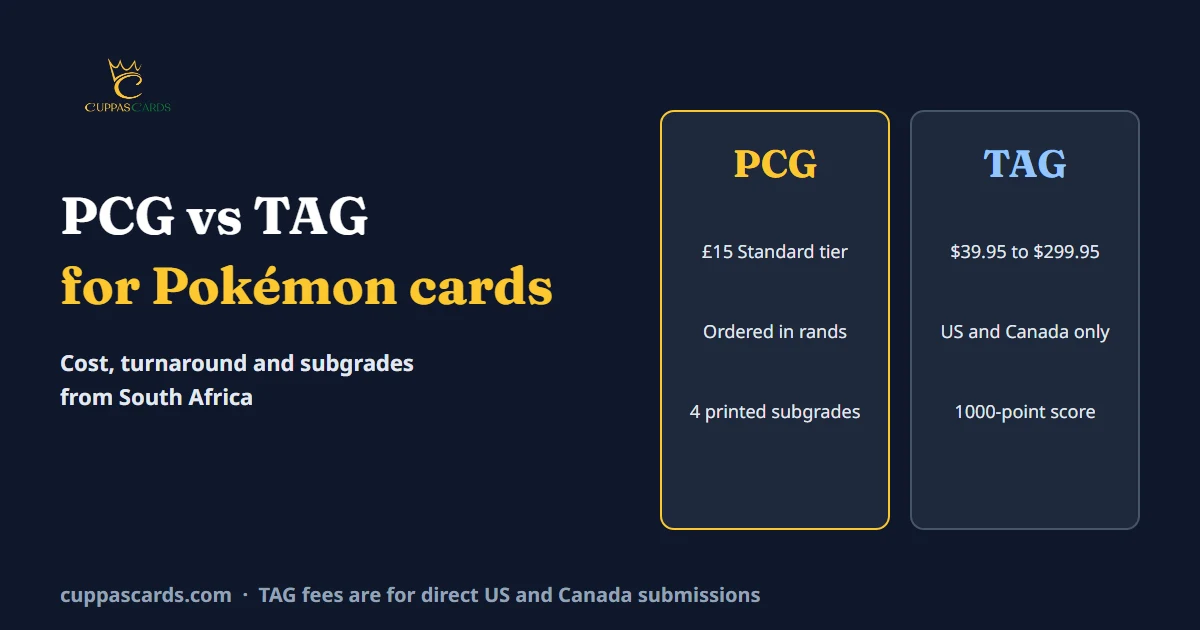PCG vs TAG for Pokémon cards compared on price, turnaround, subgrades and how to submit from South Africa