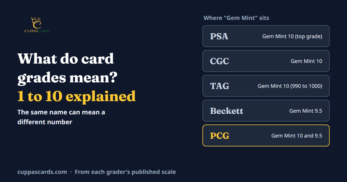 Gem Mint compared across graders: a 10 at PSA, CGC and TAG, a 9.5 at Beckett, and both 10 and 9.5 at PCG